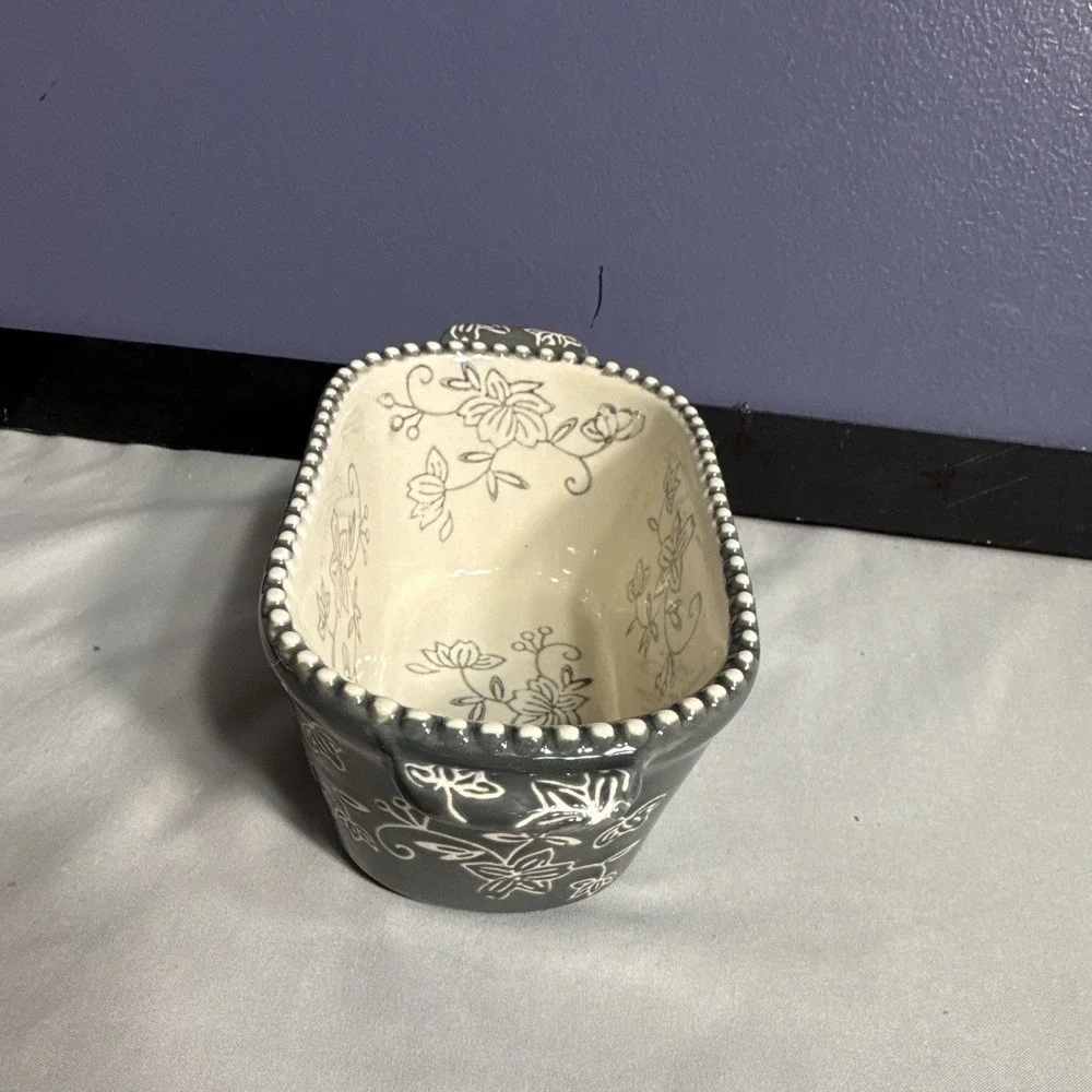 Temptations Floral Lace Ceramic Loaf Pan Gray/White 12 oz Oven Safe 450°F